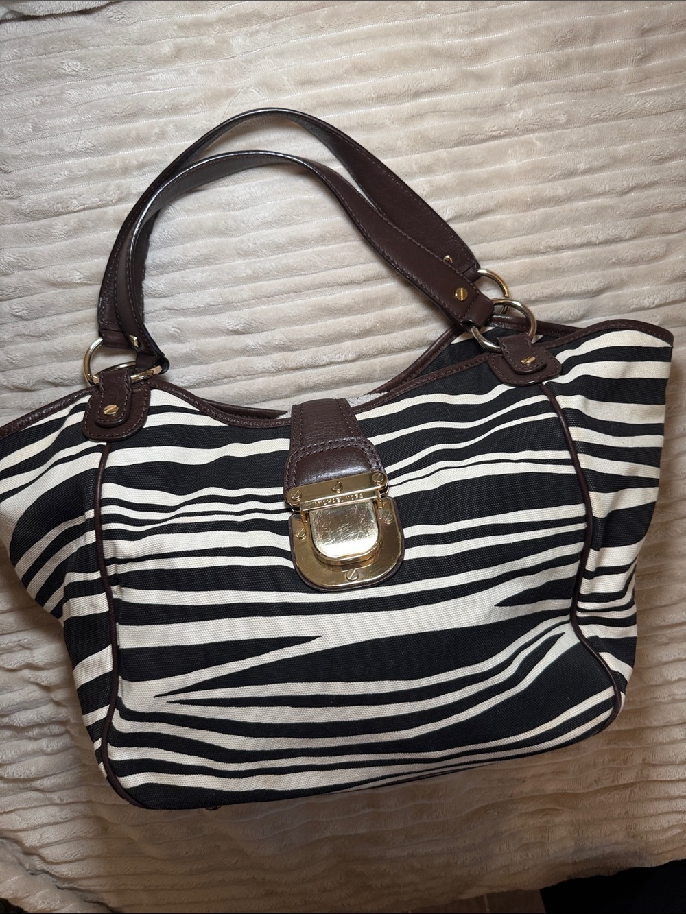 Michael Kors Black and White Zebra Canvas Tote with Brown Trim